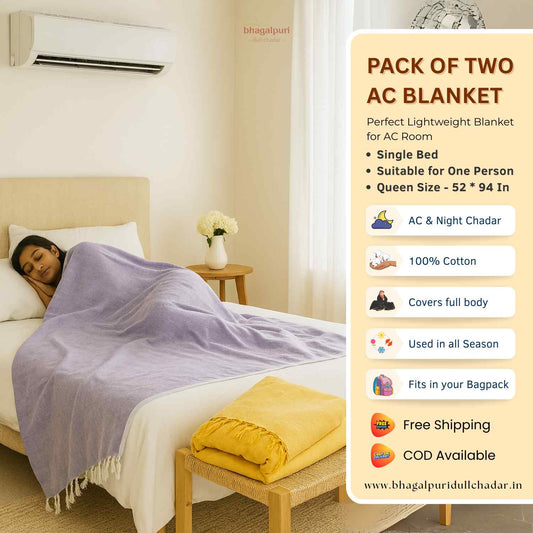 Pack of 2 - 100% Cotton Lightweight AC Blanket for All Seasons | Super Soft, Travel-Friendly, Compact Throw Blanket | DULL 08 09