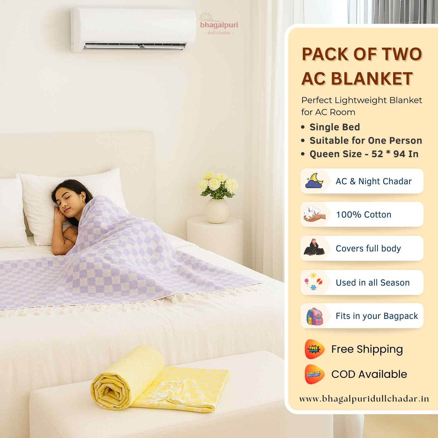 Pack of 2 - 100% Cotton Lightweight AC Blanket for All Seasons | Super Soft, Travel-Friendly, Compact Throw Blanket | DULL 31 35