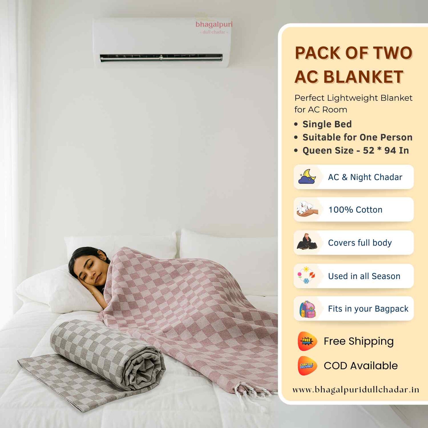 Pack of 2 - 100% Cotton Lightweight AC Blanket for All Seasons | Super Soft, Travel-Friendly, Compact Throw Blanket | DULL 33 34