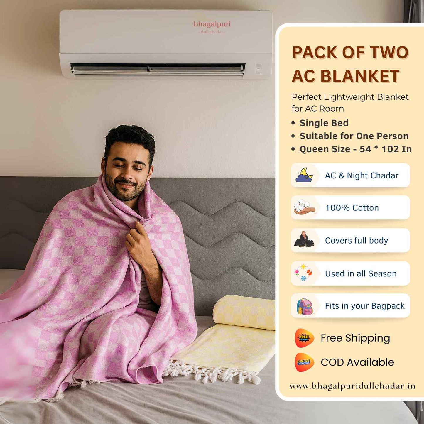 Pack of 2 - 100% Cotton Lightweight AC Blanket for All Seasons | Super Soft, Travel-Friendly, Compact Throw Blanket | DULL 55 56
