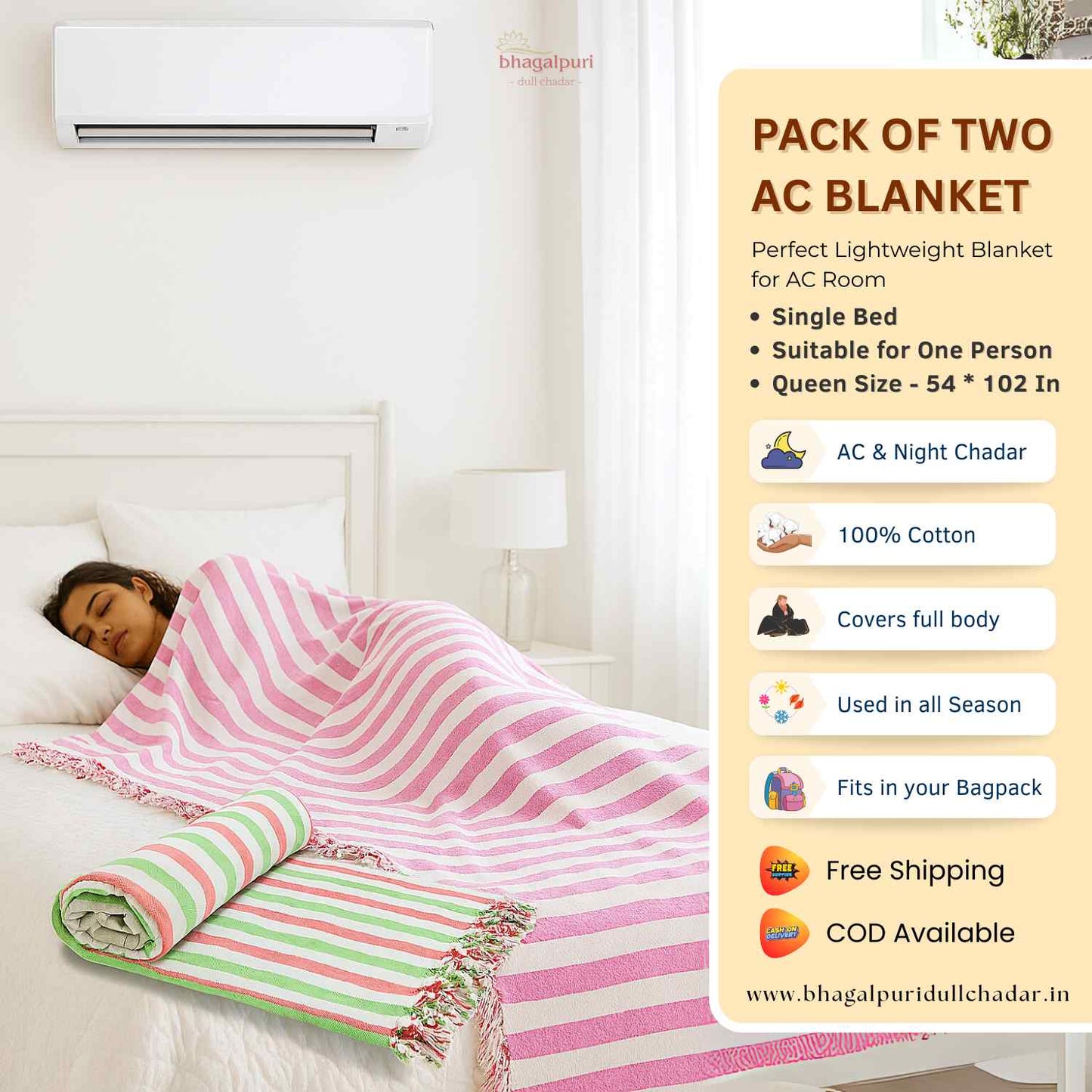 Pack of 2 - 100% Cotton Lightweight AC Blanket for All Seasons | Super Soft, Travel-Friendly, Compact Throw Blanket | DULL 61 62