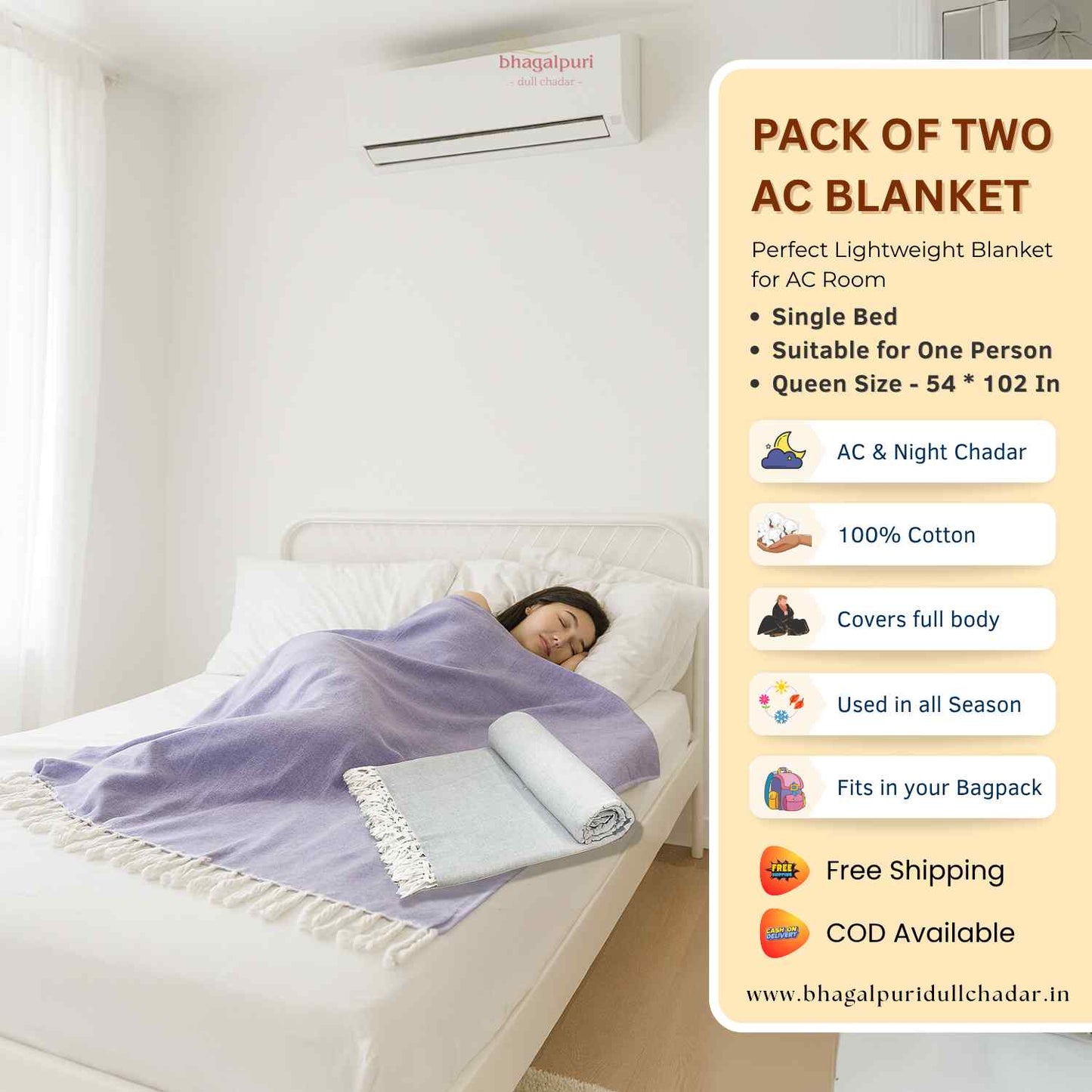 Pack of 2 - 100% Cotton Lightweight AC Blanket for All Seasons | Super Soft, Travel-Friendly, Compact Throw Blanket