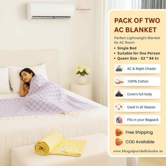 Pack of 2 - 100% Cotton Lightweight AC Blanket for All Seasons | Super Soft, Travel-Friendly, Compact Throw Blanket | DULL 31 35