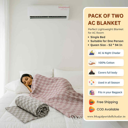 Pack of 2 - 100% Cotton Lightweight AC Blanket for All Seasons | Super Soft, Travel-Friendly, Compact Throw Blanket | DULL 33 34