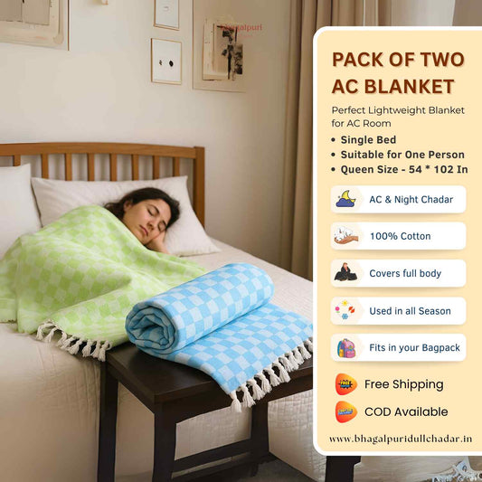 Pack of 2 - 100% Cotton Lightweight AC Blanket for All Seasons | Super Soft, Travel-Friendly, Compact Throw Blanket | DULL 52 53