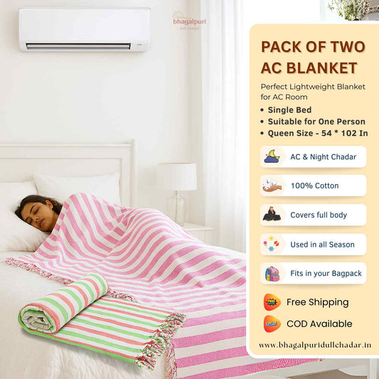 Pack of 2 - 100% Cotton Lightweight AC Blanket for All Seasons | Super Soft, Travel-Friendly, Compact Throw Blanket | DULL 61 62